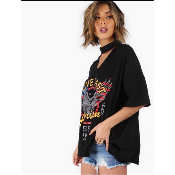 Choker V-Neck Drop Shoulder Print Tee - Picture 5 of 5